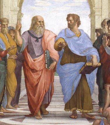 「アテナイの学童のアリストテレスとプラトン」の題名がついているアリストテレスとプラトンの画像